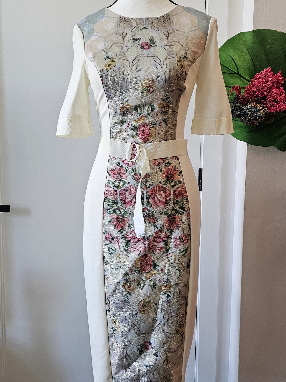 Ted Baker Cream Midi Dress with Pink Floral Panel